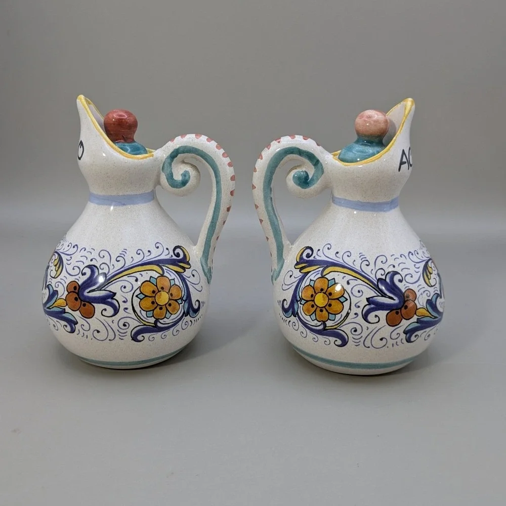 Vintage Ceramiche Deruta Italy Raffaellesco Oil Vinegar Cruet Set Hand Painted